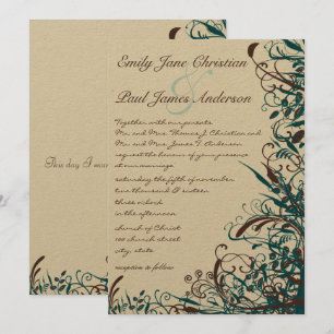 Whimsical Teal & Brown Swirls Wedding Invitation