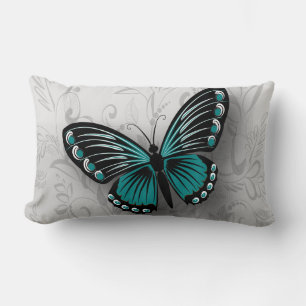 Whimsical Teal Butterfly on Grey Floral Lumbar Cushion