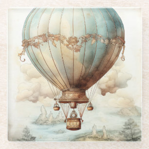 Whimsical Teal Hot Air Balloon Antique Glass Coaster