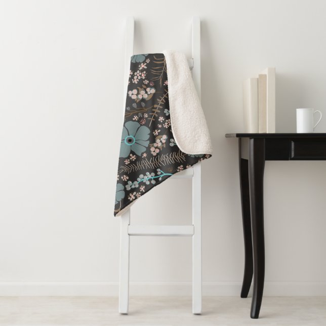 Whimsical Teal Pink Grey Flowing Flower Pattern Sherpa Blanket (In Situ)