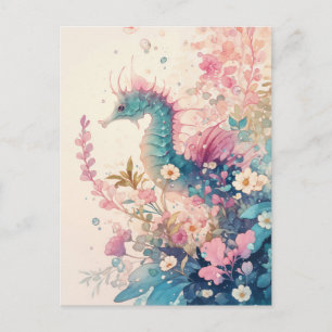 Whimsical Teal Seahorse and Pink Blossom Postcard