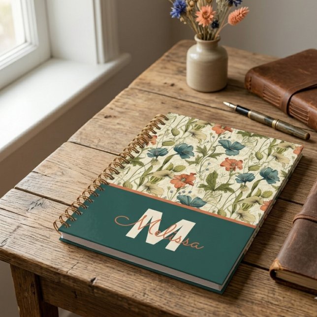 Whimsical Teal Terracotta Vintage Friend Planner (Vintage teal and orange wildflower pattern notebook — a perfect graduation gift for her or teacher.)