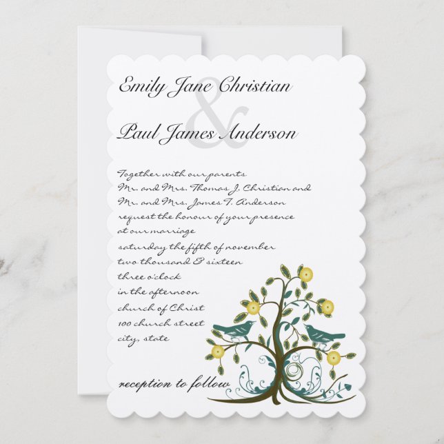 Whimsical Teal & Yellow Bird Tree Wedding Invite (Front)