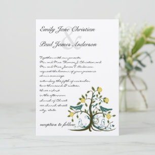Whimsical Teal & Yellow Bird Tree Wedding Invite