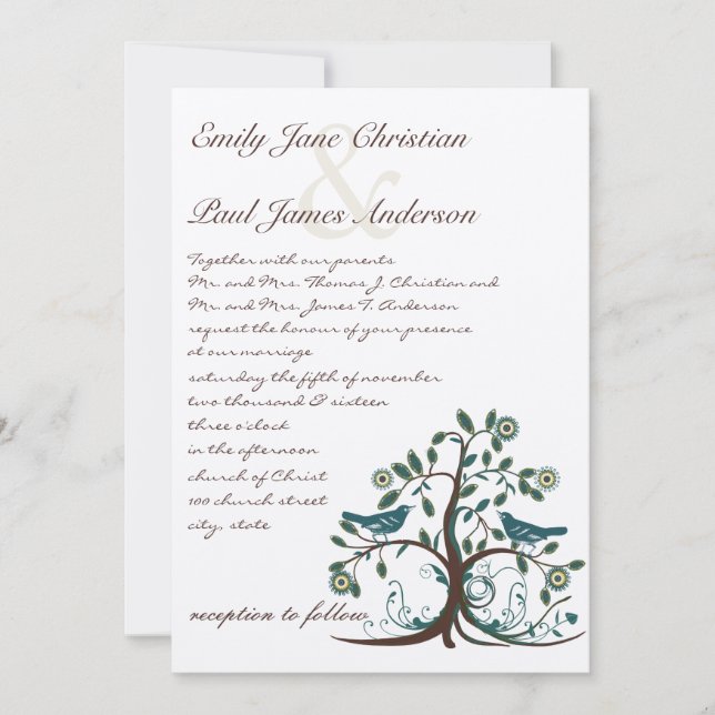 Whimsical Teal Yellow & Brown Tree Wedding Invitation (Front)