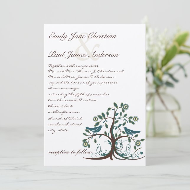 Whimsical Teal Yellow & Brown Tree Wedding Invitation (Standing Front)