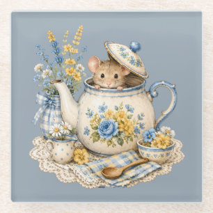 Whimsical Teapot Mouse Cottagecore Blooms Glass Coaster