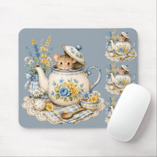 Whimsical Teapot Mouse Cottagecore Blooms Mat
