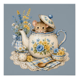 Whimsical Teapot Mouse Cottagecore Blooms Poster