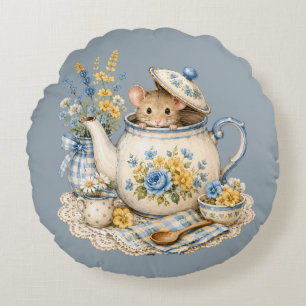 Whimsical Teapot Mouse Cottagecore Blooms Round Cushion