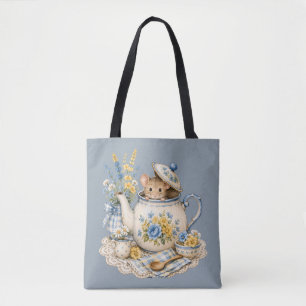 Whimsical Teapot Mouse Cottagecore Blooms Tote Bag