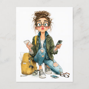 Whimsical Tech-Overload Girl Chaos Postcard