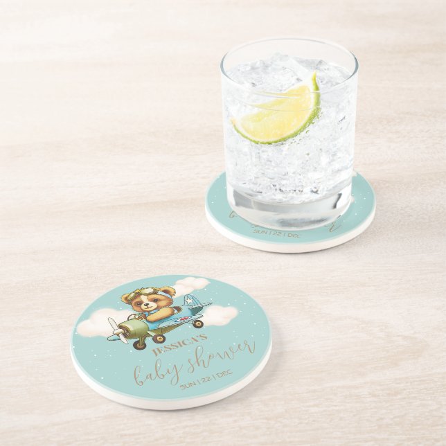 Whimsical Teddy Bear Baby Aeroplane Baby Shower Coaster (Side)