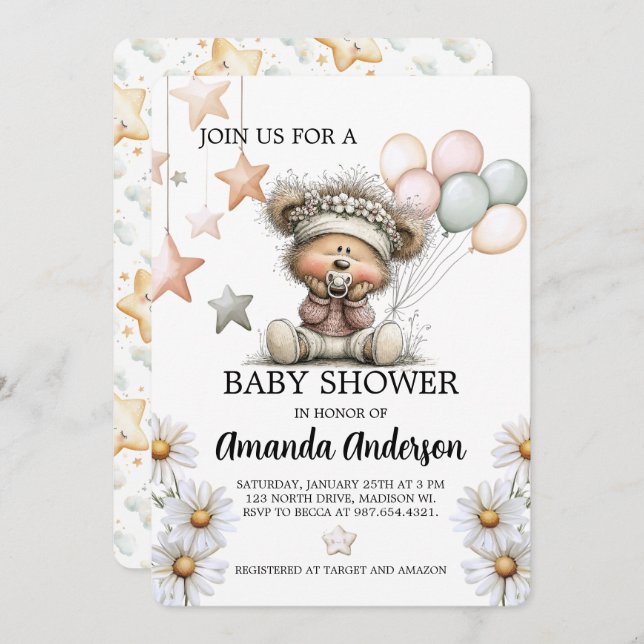 Whimsical Teddy Bear Baby Shower Invitation (Front/Back)