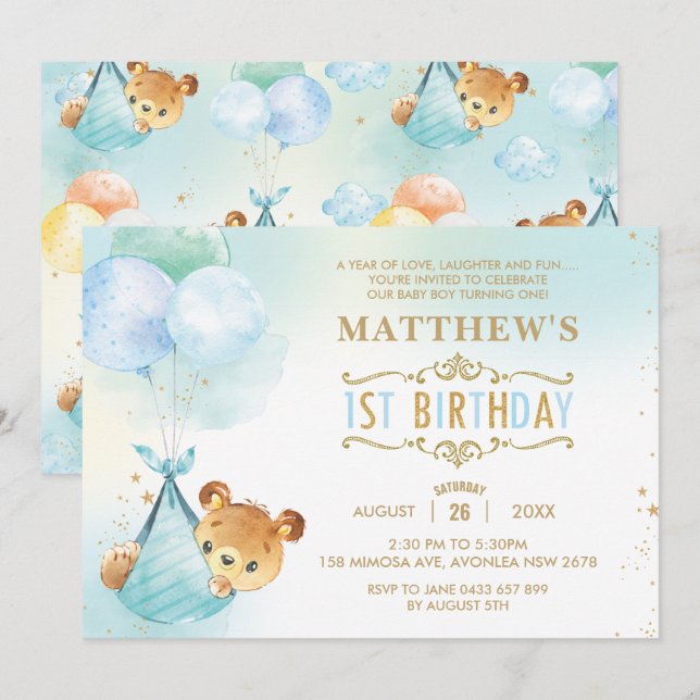 Whimsical Teddy Bear Balloons 1st Birthday Party Invitation (Front/Back)