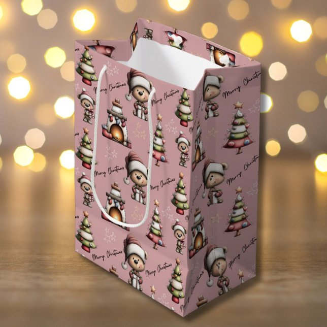 Whimsical Teddy Bear Christmas Pink Background Medium Gift Bag (Creator Uploaded)