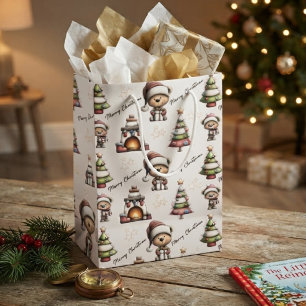 Whimsical Teddy Bear Christmas White Background Medium Gift Bag
