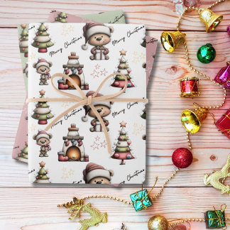 Whimsical Teddy Bear Christmas Wrapping Paper Sheet