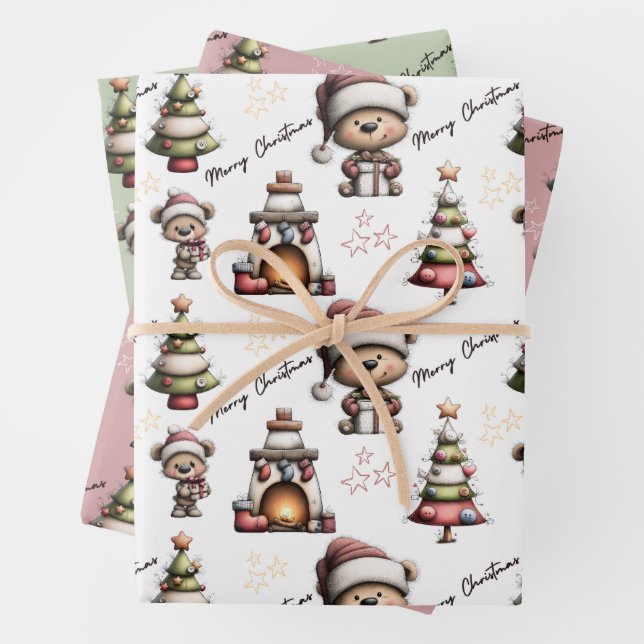 Whimsical Teddy Bear Christmas  Wrapping Paper Sheet (In situ)