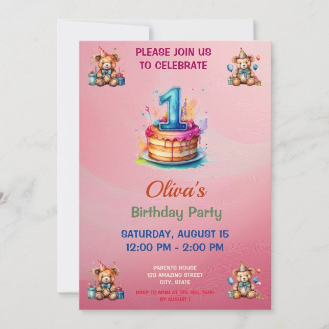 Whimsical Teddy Bear First Birthday Invitation  (Front)