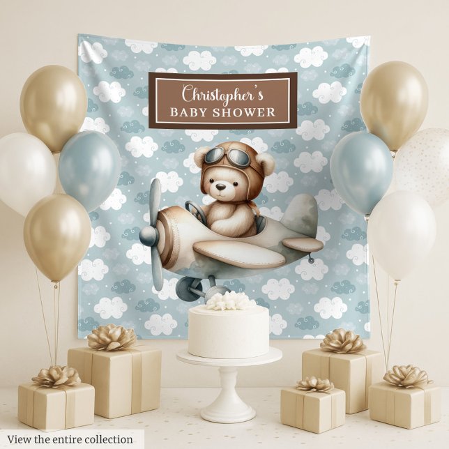 Whimsical teddy bear pilot baby shower backdrop tapestry (Whimsical teddy bear pilot baby shower backdrop)