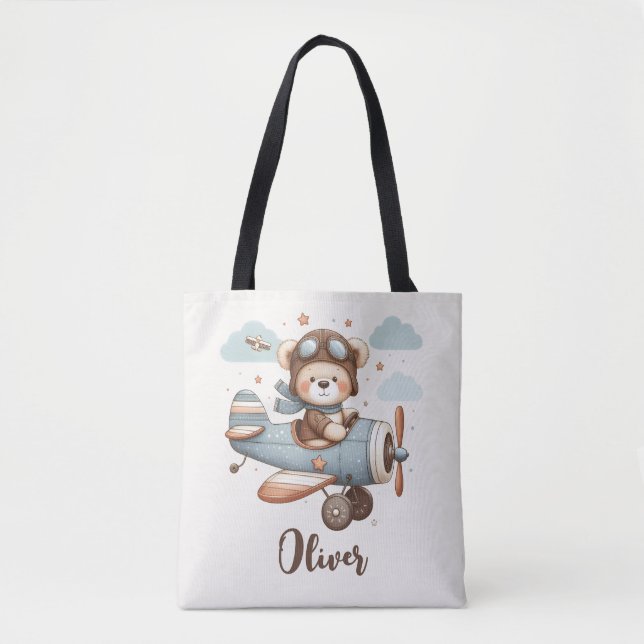 Whimsical Teddy Bear Pilot Personalised Tote Bag (Front)