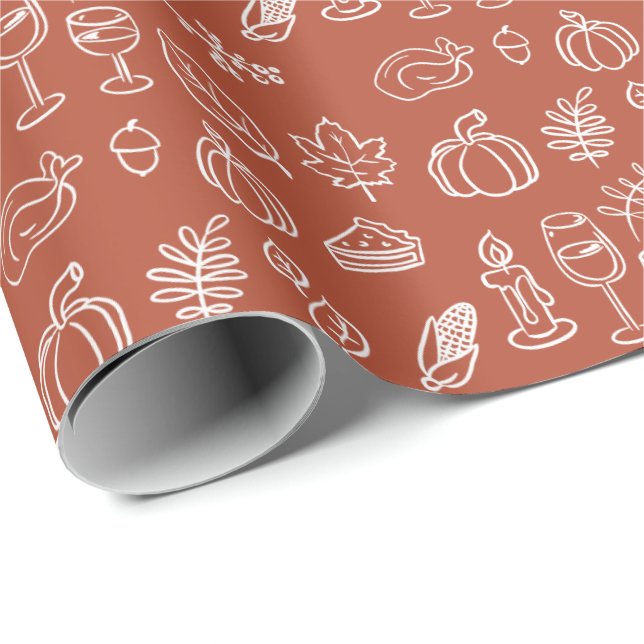 Whimsical Terracotta Cute Hand Drawn Thanksgiving Wrapping Paper (Roll Corner)