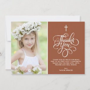 Whimsical Terracotta First Holy Communion Photo Thank You Card