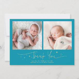 Whimsical Thank You Script Aqua Blue Birth Announcement