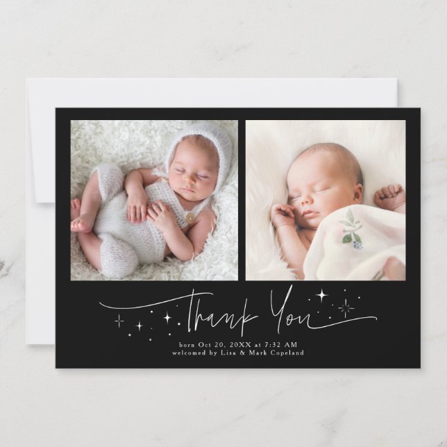 Whimsical Thank You Script Black Birth Announcement (Front)