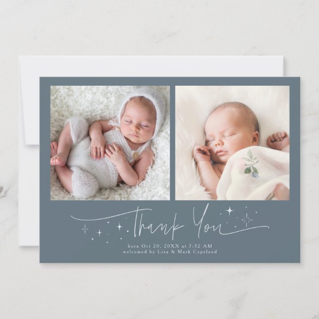 Whimsical Thank You Script Slate Blue Birth Announcement (Front)