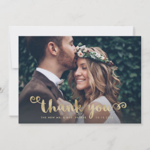 Whimsical Thanks   Wedding Photo and Gold Script Thank You Card