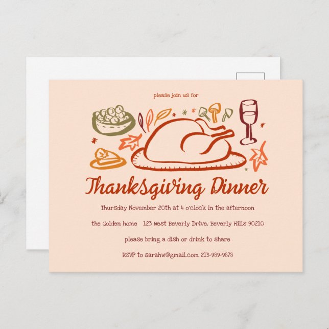 Whimsical Thanksgiving Friendsgiving Dinner Party Postcard (Front/Back)