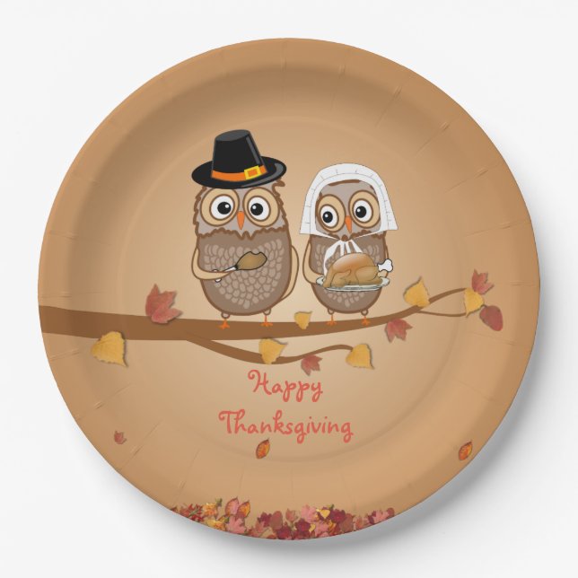 Whimsical Thanksgiving Owls Paper Plate (Front)