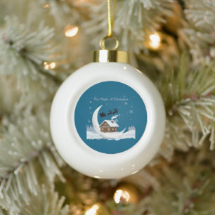 Whimsical "The Magic of Christmas" Santa Sleigh Ceramic Ball Christmas Ornament