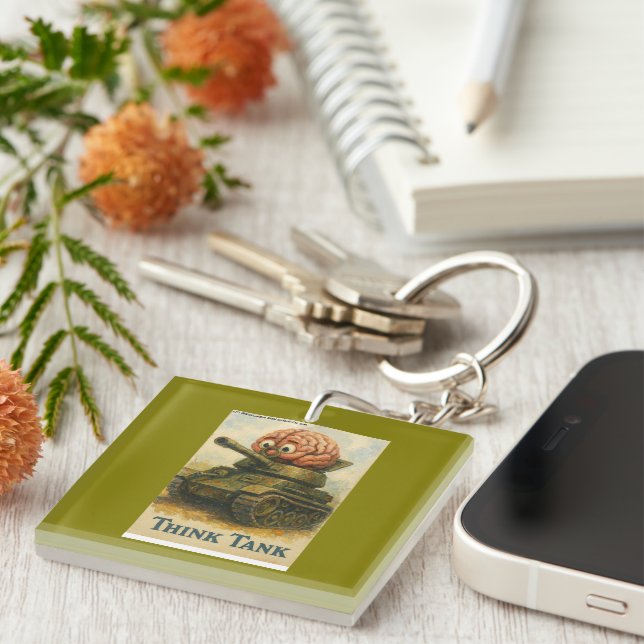 Whimsical Think Tank Cartoon Design Key Ring (Front Right)