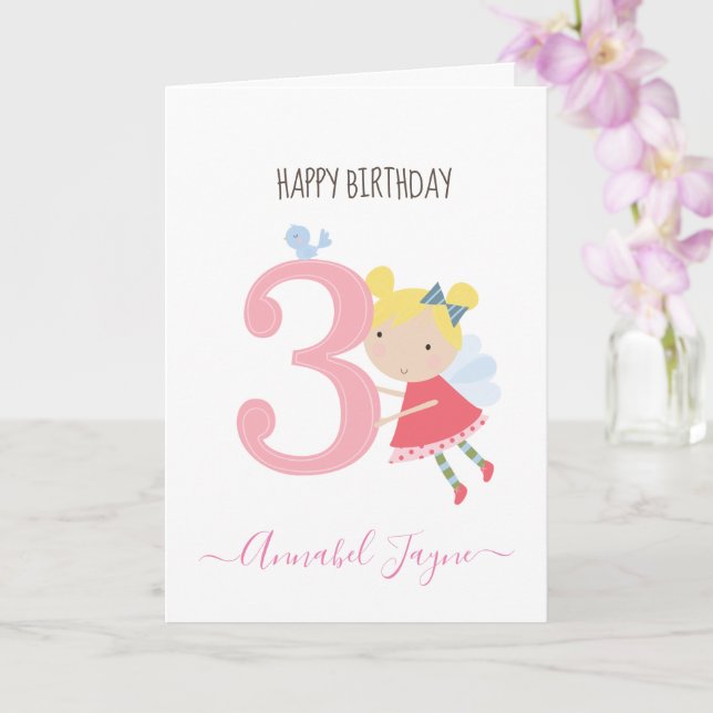 Whimsical Third birthday fairy girls cute pink Card (Orchid)
