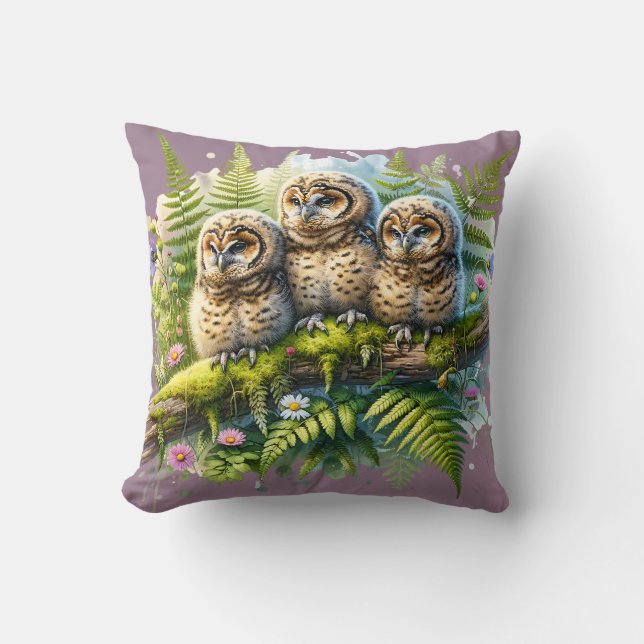 Whimsical Three Owls in Forest – Nature Art  Cushion (Front)