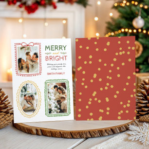 Whimsical Three Photo Frame Bow Merry & Bright Holiday Card