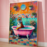 Whimsical Tiger in Pink Bathtub Boho Bathroom Art Poster<br><div class="desc">Turn your bathroom into a mood-lifting escape with this whimsical tiger in a pink clawfoot tub. Hand-painted textures, vibrant teal and coral tiles, and lush hanging plants create a boho, maximalist wall art statement that feels luxurious and a little mischievous—like a private spa day with a big-cat guest. The painterly...</div>