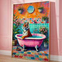 Whimsical Tiger in Pink Bathtub Boho Bathroom Art