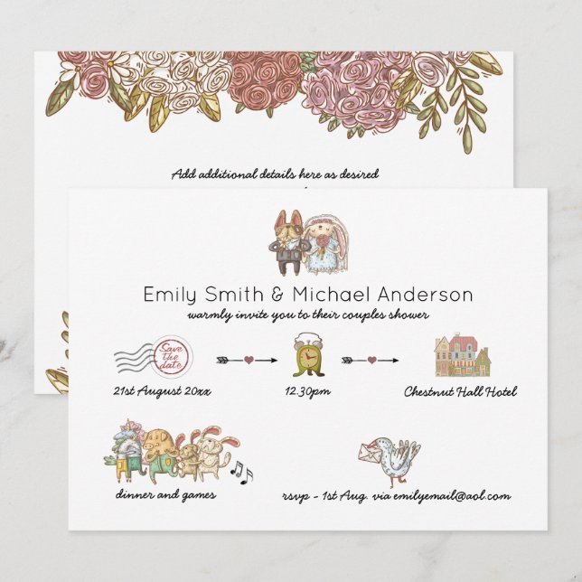 Whimsical Timeline Watercolor Animal Bridal Shower Invitation (Front/Back)