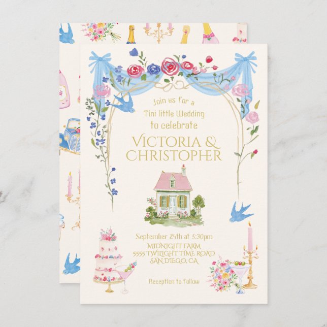 Whimsical Tini little Wedding cottage Invitation (Front/Back)