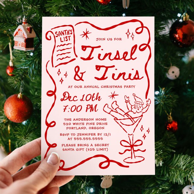 Whimsical Tinsel and Tinis Christmas Party Invitation (Creator Uploaded)