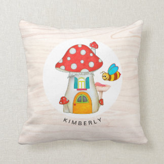 Whimsical Toadstool Gnome Cottage Wooden Texture Cushion