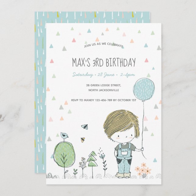 Whimsical Toddler BOY Kids Birthday Invitation (Front/Back)