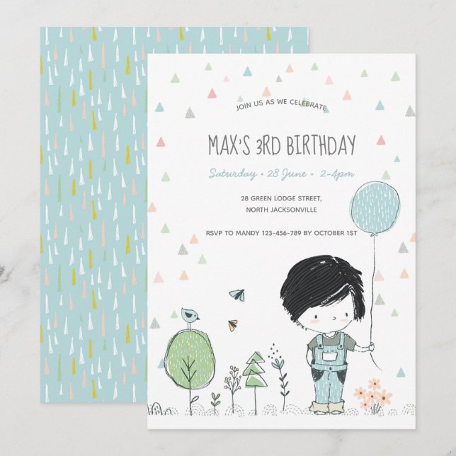 Whimsical Toddler BOY Kids Birthday Invitation (Front/Back)