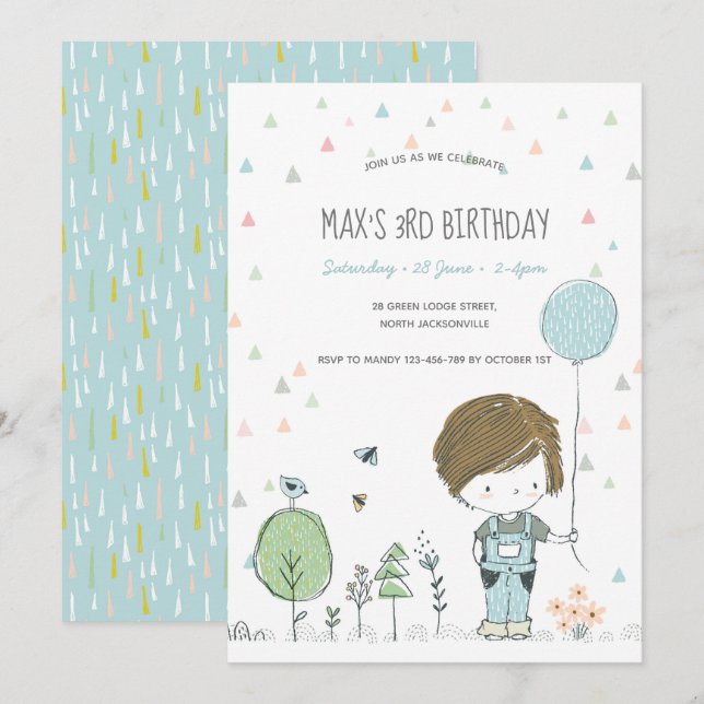 Whimsical Toddler BOY Kids Birthday Invitation (Front/Back)