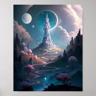 Whimsical Tower Landscape Fantasy Art Poster