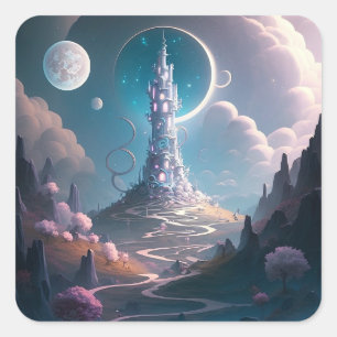 Whimsical Tower Landscape Fantasy Art Square Sticker